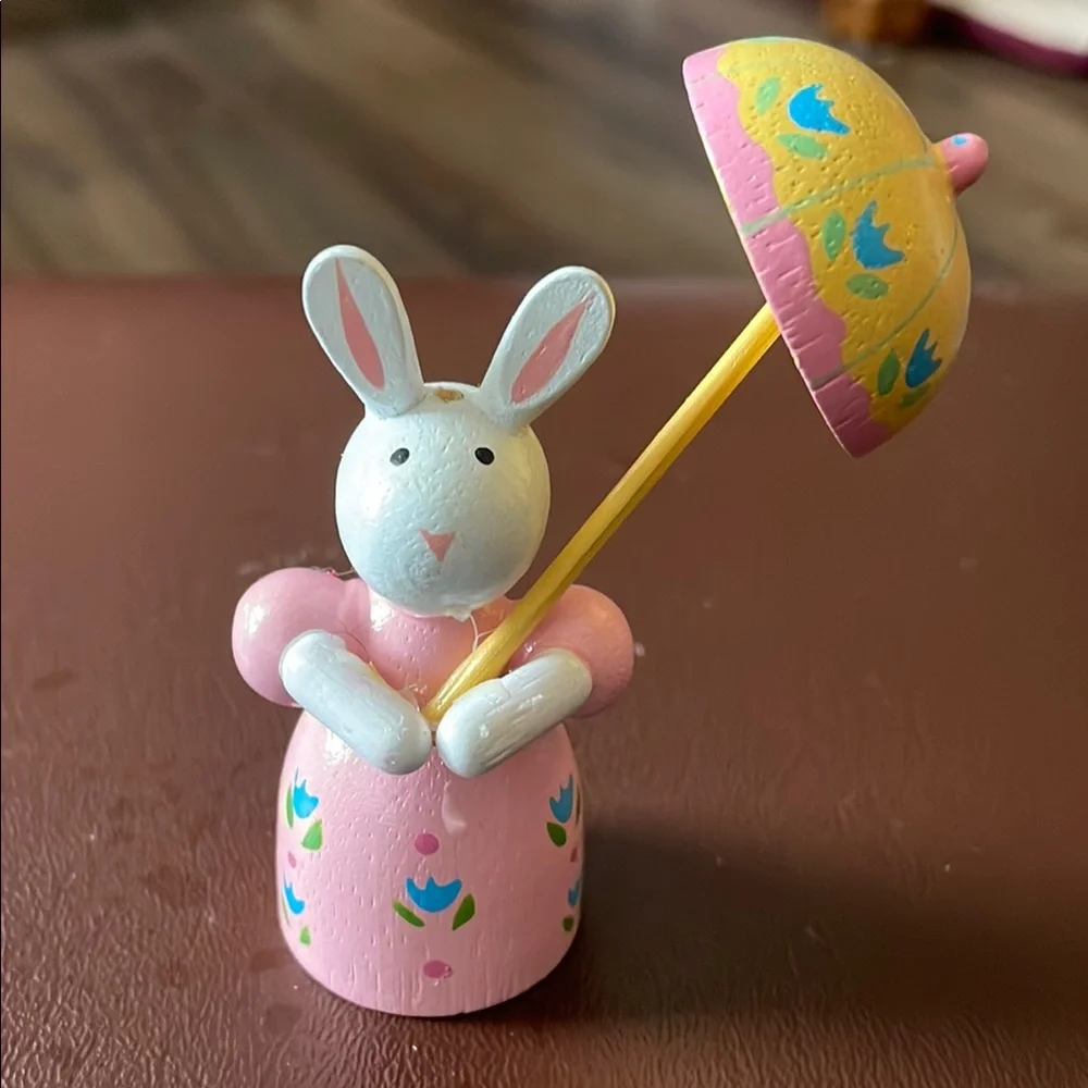 VTG Wooden Mrs. Bunny with Yellow Umbrella hand painted